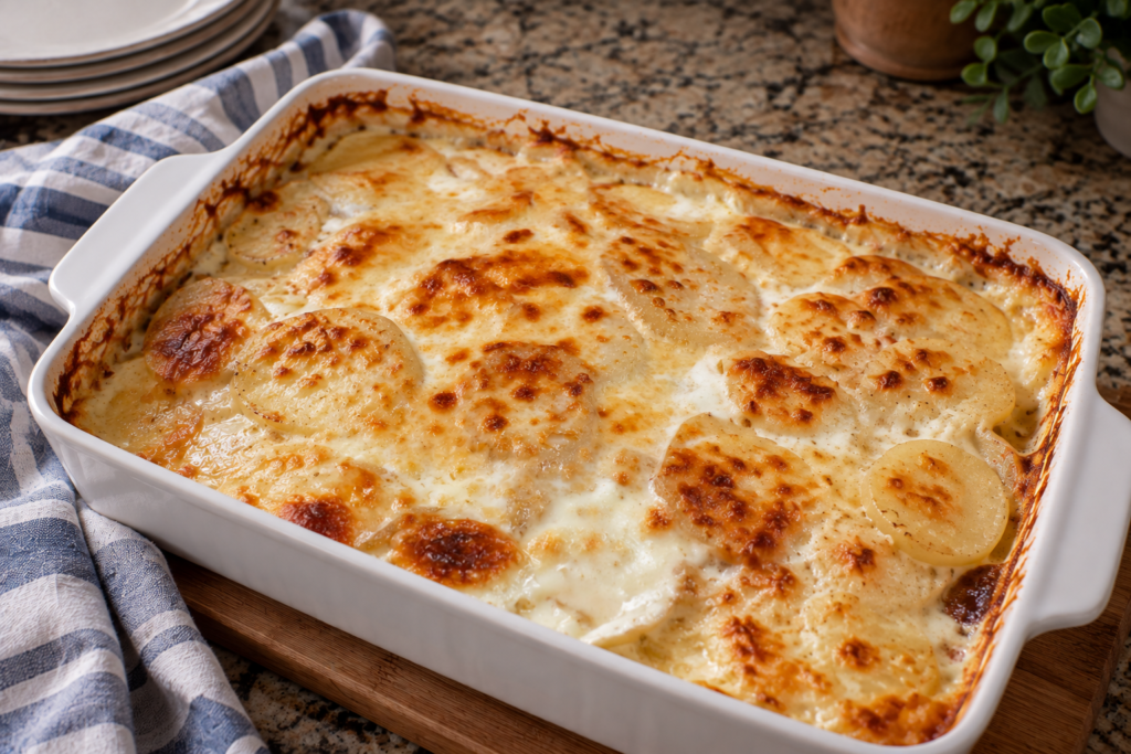 Creamy garlic Parmesan scalloped potatoes baked until golden and bubbly