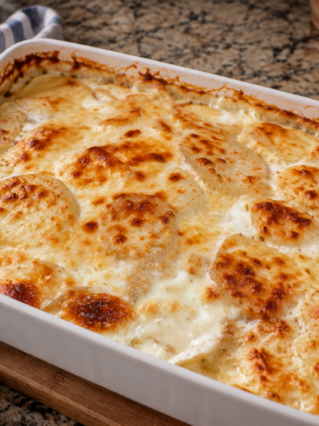 Creamy garlic Parmesan scalloped potatoes baked until golden and bubbly