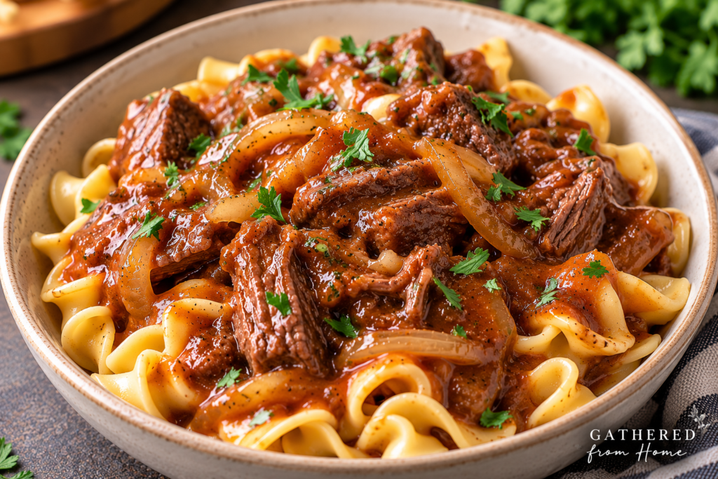 Sweet and tangy slow cooker beef and noodles with tender chunks of chuck roast, caramelized onions, and thick reddish-brown sauce served over buttery egg noodles.