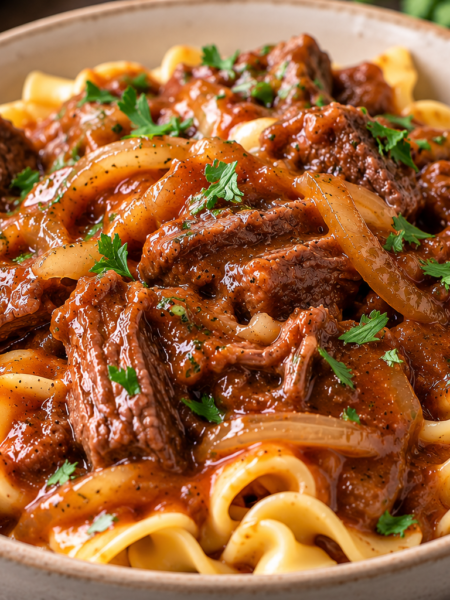 Sweet and tangy slow cooker beef and noodles with tender chunks of chuck roast, caramelized onions, and thick reddish-brown sauce served over buttery egg noodles.