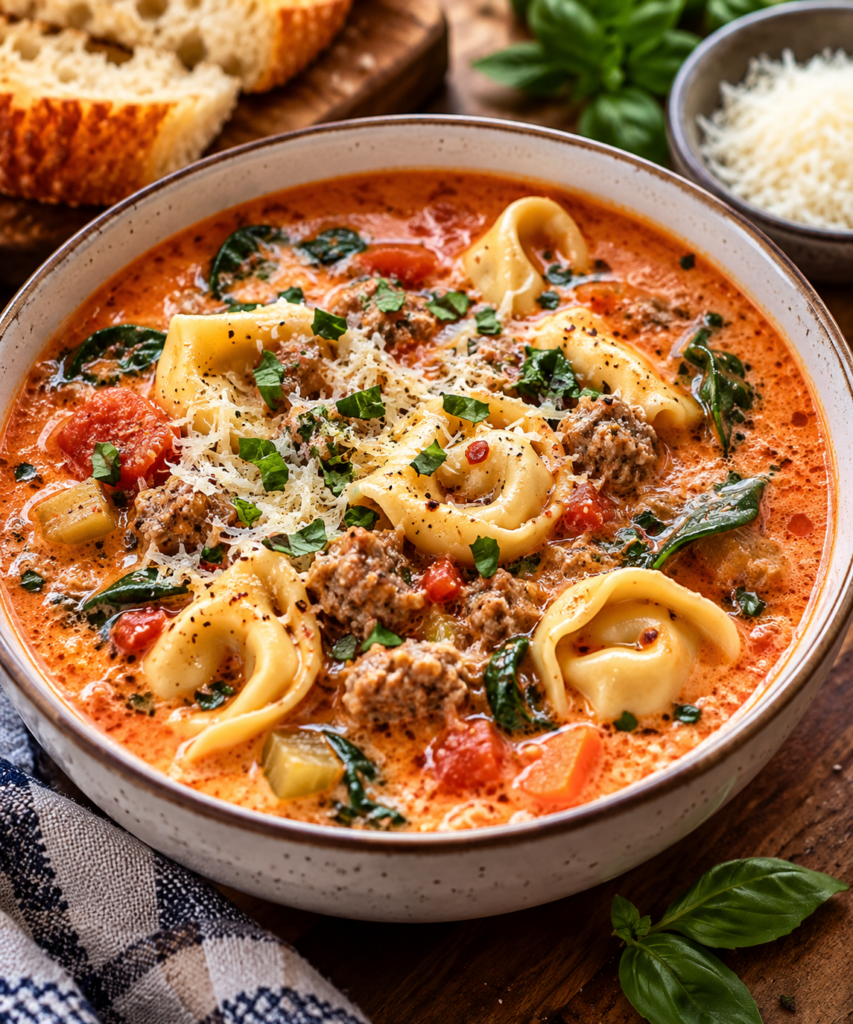 Slow cooker creamy sausage tortellini soup with cheese tortellini, Italian sausage, spinach, and Parmesan in a creamy tomato broth
